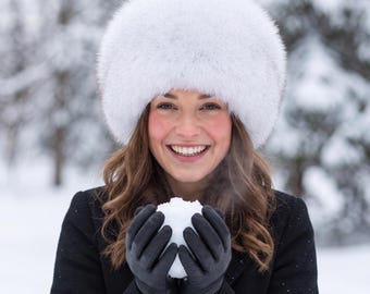 White Faux Fur Ushanka Hat, Faux Fur Trapper Hat with Leather Crown, Russian Winter Hat, Luxury Faux Fur Hat Women, Warm Winter Cap Gift