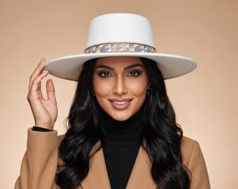 White Wool Felt Fedora, 9.5cm Wide Brim Hat for Women, Flat Top Boater, Bridal Church Hat, Jazz Fedora with Geometric Band, Fall Winter