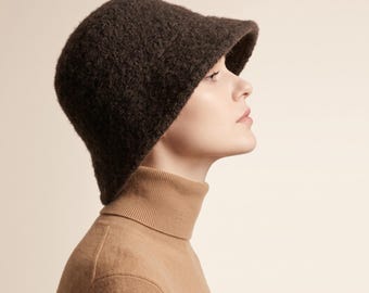 Coffee Brown Wool Bucket Hat, Fisherman Style Felt Hat, Fall Winter Foldable Cap, Vintage Knit Hat for Women, Warm Cozy Gift