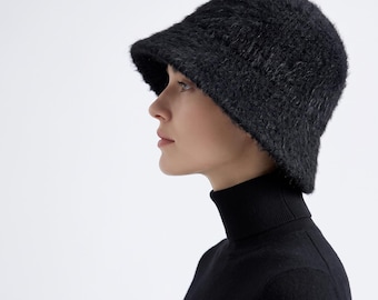 Black Wool Bucket Hat, Fisherman Style Felt Hat, Fall Winter Foldable Cap, Vintage Knit Hat for Women, Warm Cozy Gift