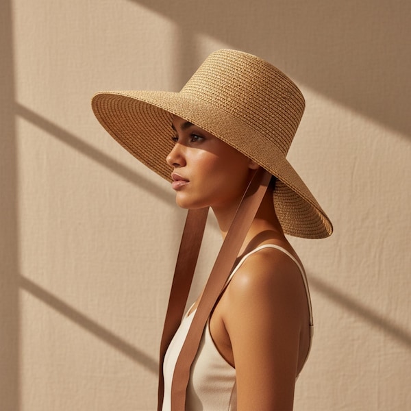 Women Wide Brim Straw Sun Hat with Chin Strap UPF 50+ UV Protection Beach Hat Foldable Summer Derby Hat for Travel Windproof Stylish Garden