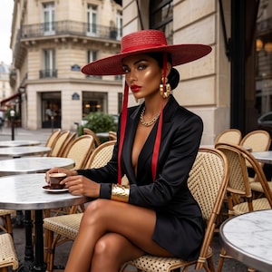 May include: A woman in a black blazer dress and a wide-brimmed red hat sits at a cafe table, holding a cup of coffee. Gold jewelry includes a necklace, earrings, and a cuff. Red ribbons hang from the hat. The background shows a European street scene.