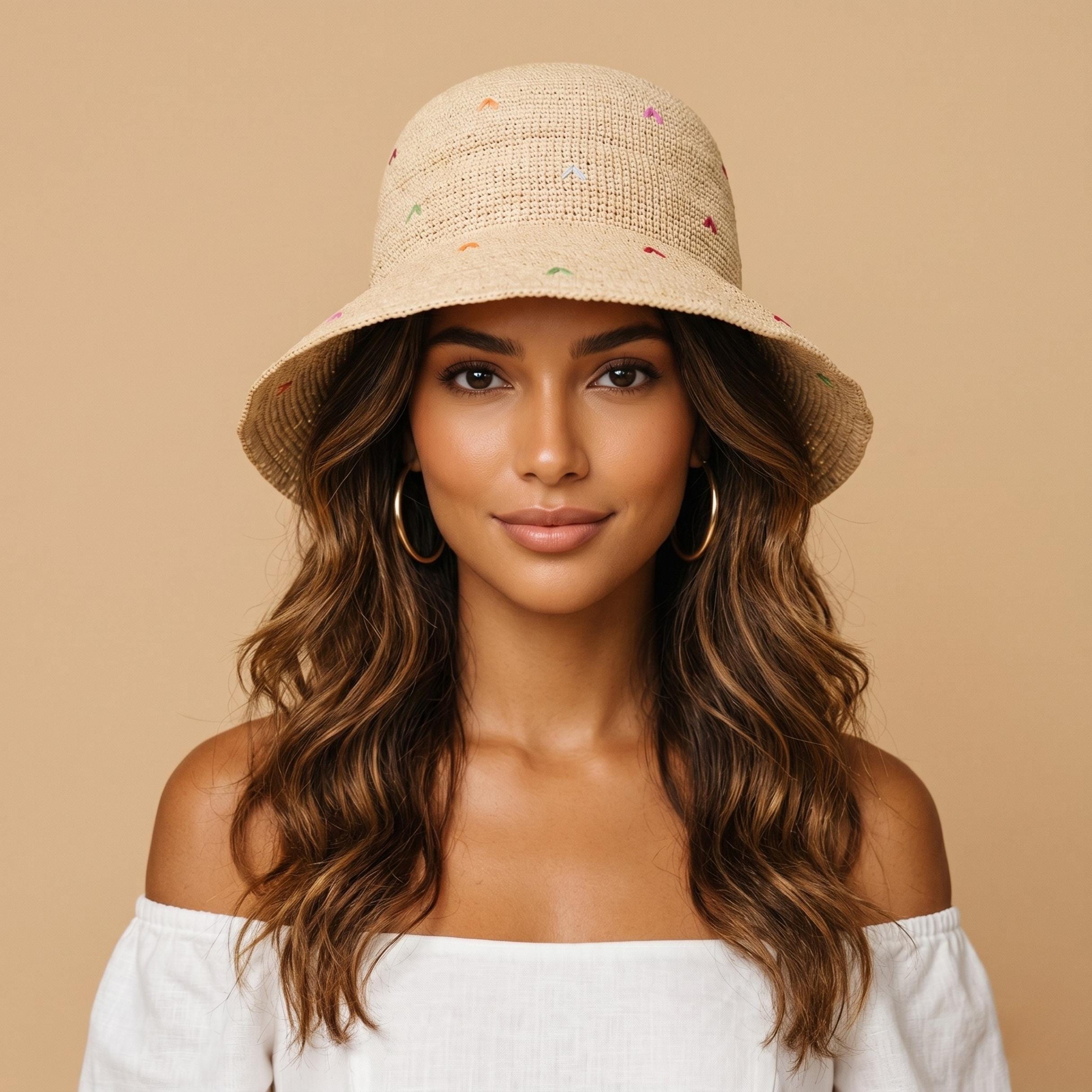 Embroidered Heart Raffia Straw Hat, Packable Wide Brim Sun 