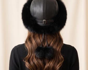 Black Faux Fur Ushanka Hat, Faux Fur Trapper Hat with Leather Crown, Russian Winter Hat, Luxury Faux Fur Hat Women, Warm Winter Cap Gift