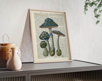 Blue Floral Mushroom Illustration Poster with Wooden Frame | Vintage Book Page Art