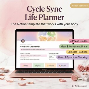 May include: A rose gold MacBook Pro showing the "Cycle Sync Life Planner" Notion template. The screen displays a planner interface with sections for phase guides, meal plans, skincare routines, and mood tracking. The laptop is surrounded by rose petals and flowers.