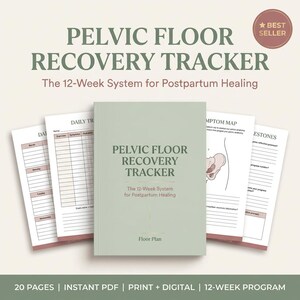 May include: A light green Pelvic Floor Recovery Tracker book with the text "Pelvic Floor Recovery Tracker" and "The 12-Week System for Postpartum Healing". The image also shows several open pages with charts and diagrams, and the words "Best Seller".