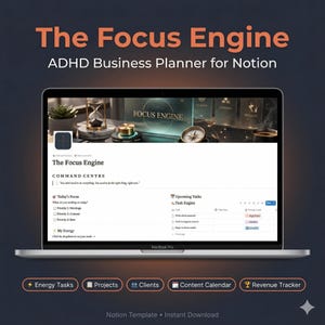Könnte beinhalten: Ein MacBook Pro zeigt "The Focus Engine", einen ADHD-Businessplaner für Notion. Der Bildschirm zeigt ein Command Center mit Aufgabenlisten und Energie-Tracking. Darunter befinden sich Symbole für Energieaufgaben, Projekte, Kunden, Content-Kalender und Umsatz-Tracker.