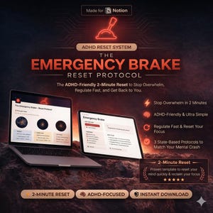 Può includere: Annuncio pubblicitario per l'ADHD Reset System, con un laptop e un tablet che mostrano l'Emergency Brake Reset Protocol. L'immagine evidenzia un reset di 2 minuti per fermare l'eccessivo affaticamento e regolare la concentrazione. Include testo.