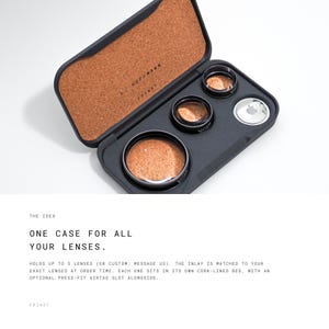 May include: A black rectangular storage case with a cork-lined interior lid and base. The case contains three circular lens compartments with cork inserts and one circular slot holding a white Apple AirTag. Text on the lid reads L. HOFFMANN FRINDT.