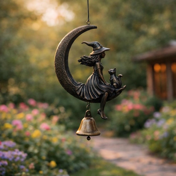 Sino de Vento de Bruxa | Decoração de Jardim com Gato Preto para o Halloween. Presente de Bruxa para Ele