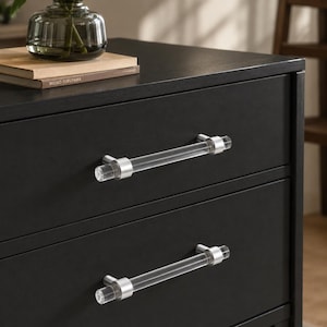 May include: A black dresser with two drawers, featuring clear acrylic and silver-toned hardware handles. A glass vase with greenery and a book with the text "MASAO FURUYAMA" are on top of the dresser.