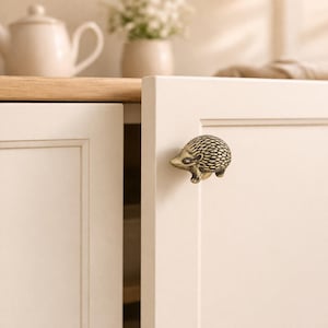 May include: A decorative cabinet knob in the shape of a hedgehog. The knob is made of a bronze-colored metal and is attached to a white cabinet door. The hedgehog has a detailed, textured design.