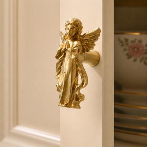 May include: A gold-colored angel-shaped cabinet knob. The angel has detailed wings and is in a praying pose. The knob is mounted on a cream-colored cabinet door, suggesting a decorative hardware item.
