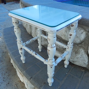 Antique Small Mahogany Table - Vintage Painted Cottage Chic Side Table - White coffee/occasional Table - Glass Top Table