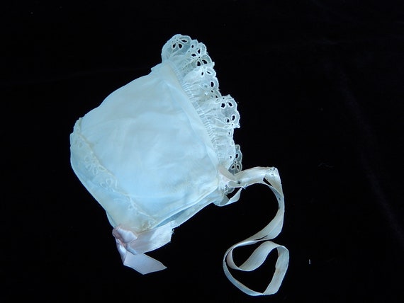 Baby Bonnet Vintage - White Organza Baby Bonnet -… - image 3