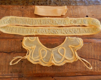 Antique Dress Trims - Flapper Dress Trim - Yellow Collar and Trim and Belt - Gathered Polka-Dot Trim - Vintage Salvaged Dress Trim