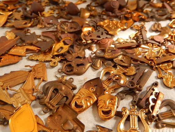 Stamped Brass Charms Lot of 185 Steampunk Jewelry Charms Bulk Destash of  Brass Stamped Mixed Lot of All Themes Charms 