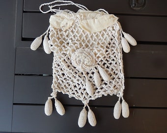 Victorian Cotton Reticule Purse - Antique Edwardian Irish Crocheted Lace Handbag - Victorian Wedding Purse - Collectable Purse