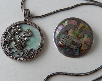 Vintage Silver and Turquoise Pendants - 2 Pendants with Chain - Silver and Mother of Pearl Brooch - Vintage Silver Jewelry