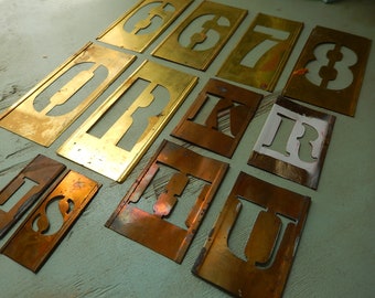 Antique Brass Stencils - Lot of 12 Interlocking Brass Stencils - Vintage Brass Numbers and Letters - Stencils for Display/Crafts/ Collection