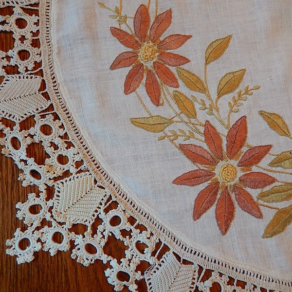 Hand Embroidered Vintage Doily - Large Round Crocheted and Embroidered Dresser Scarf - Crewel Embroidered Flowers with Crochet Trim