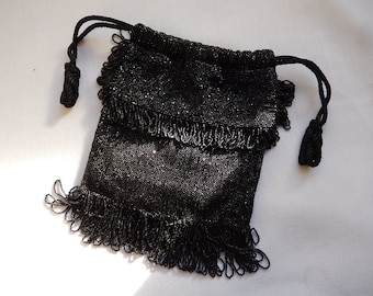 Antique Black Beaded Purse - 1920s Flapper Purse - Micro Beaded Vintage Purse - Black Drawstring and Fringed Antique Purse - Silk Lined Bag