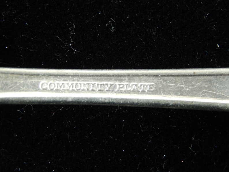 K&ouml;nnte beinhalten: Nahaufnahme der R&uuml;ckseite eines silbernen L&ouml;ffels mit der Gravur "Community Plate".