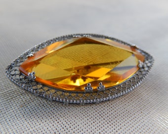 Amber Glass Brooch - Vintage Amber Glass Broach - Amber Brooch Set in Silver - Oval Brooch in Amber Glass - Faceted Glass Brooch