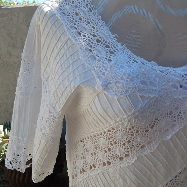 Mexican Wedding Dress - White Pintuck Mexican Maxi Dress - Prairie Dress - Vintage Bohemian Cotton & Crochet Dress