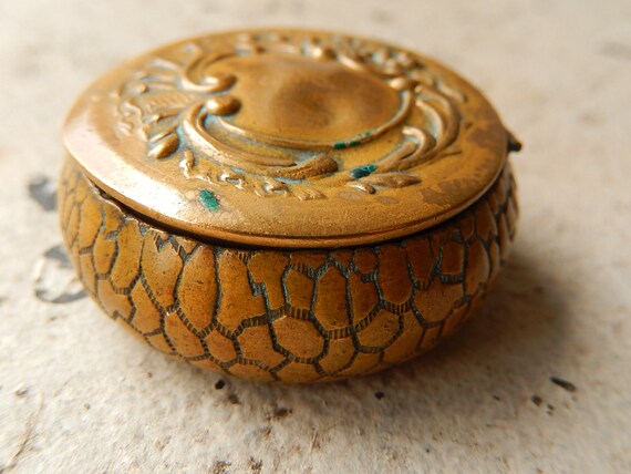 Antique French Brass Pill Box - Art Nouveau Tiny Brass Box