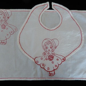 Antique Baby Bib and Placemat - 1920s Embroidered Baby Bid with Brass Safety Pin - Red Embroidered Handmade Bib - Rare Linens - Antique Baby