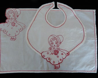 Antique Baby Bib and Placemat - 1920s Embroidered Baby Bid with Brass Safety Pin - Red Embroidered Handmade Bib - Rare Linens - Antique Baby