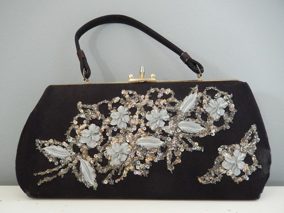 Vintage Black Purse - Decorative 1950s Purse - Se… - image 8