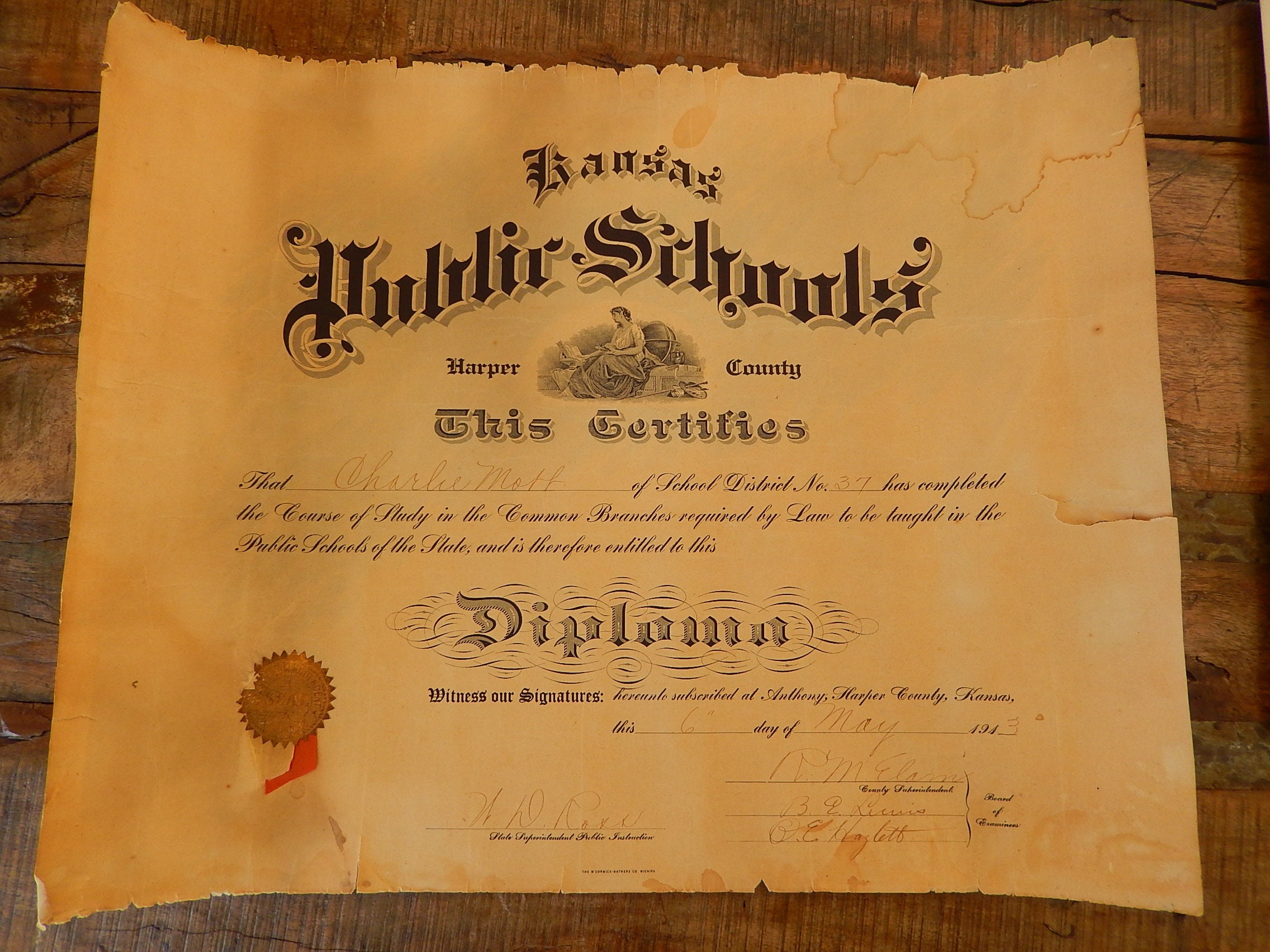 Oversized 1916 Duff’s College Diploma Paper Ephemera 22x17