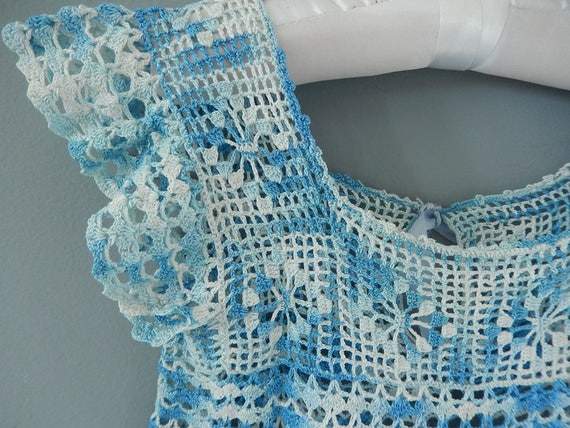 Antique Baby Dress - Blue Crocheted Dress - Toddl… - image 1