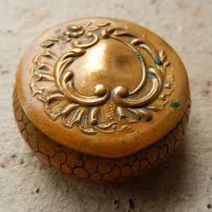 Antique French Brass Pill Box - Art Nouveau Tiny Brass Box - Mirrored Compact Case - Snuff Box - Hinged Round Brass Box - Tiny Box