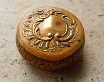 Antique French Brass Pill Box - Art Nouveau Tiny Brass Box - Mirrored Compact Case - Snuff Box - Hinged Round Brass Box - Tiny Box