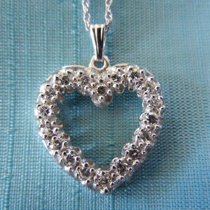 Estate Diamond Necklace -14K White Gold Pendant - Heart Necklace - Vintage Diamond Necklace