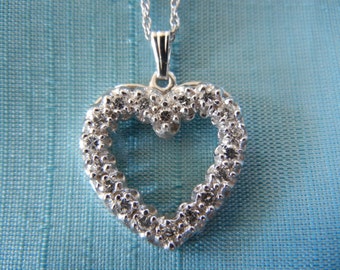 Estate Diamond Necklace -14K White Gold Pendant - Heart Necklace - Vintage Diamond Necklace