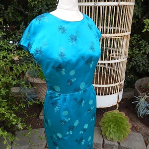 Turquoise 1950s Silk Asian Dress - Vintage Asian Wiggle Dress - M-L Size Silk Brocade Womens Dress - Asian Cocktail Dress