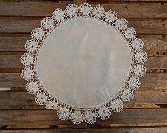 Antique Linen and Crocheted Doily - 18 In Round Crocheted Doily - Flower Crocheted Round Doily - Off White Vintage Doily