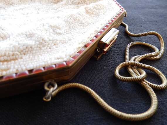 Antique Micro Beaded Purse - White Micro Beaded P… - image 2