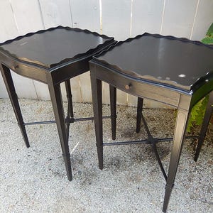 Pair Antique Nightstands - Matching Black Scalloped End Tables - Refashioned Pair of Bedside Tables French Style - Rare Side Tables