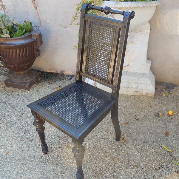 Antique Black Caned Chair - Painted Ornate Vintage Chair - Caned Seats Wood Chair - Refurbished Antique Dining Chair