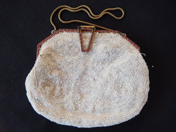 Antique Micro Beaded Purse - White Micro Beaded P… - image 4