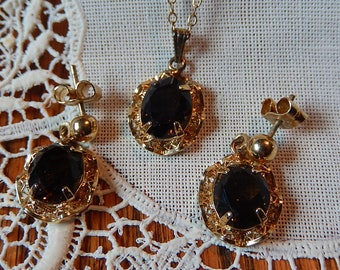 Vintage Necklace Earrings Set - Amber Topaz Necklace - Sterling with 12K Gold Overlay Topaz Necklace and Earrings - Vintage Jewelry