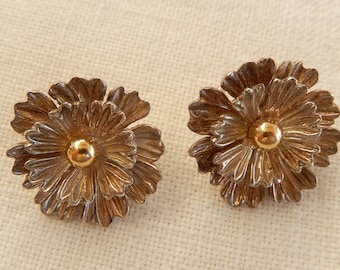 Sterling Clip On Earrings - Vintage Silver Earrings - Silver Flower Earrings - Sterling/Gold Tone Earrings - Flower Shaped Earrings