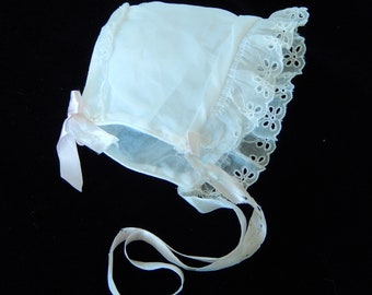 Baby Bonnet Vintage - White Organza Baby Bonnet - Lace Trimmed Baby Bonnet - Embroidered Bonnet - Baby Hat - Newborn Bonnet