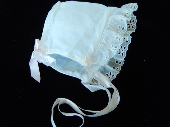 Baby Bonnet Vintage - White Organza Baby Bonnet - Lace Trimmed Baby Bonnet - Embroidered Bonnet - Baby Hat - Newborn Bonnet
